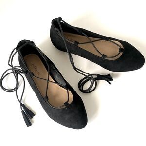 Black Lace-Up Ballet Flats Sz 10 Romantic Victorian Classic Dainty